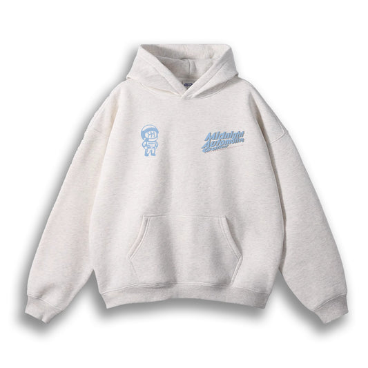 Gray hoodie with blue graphics and text on a white background